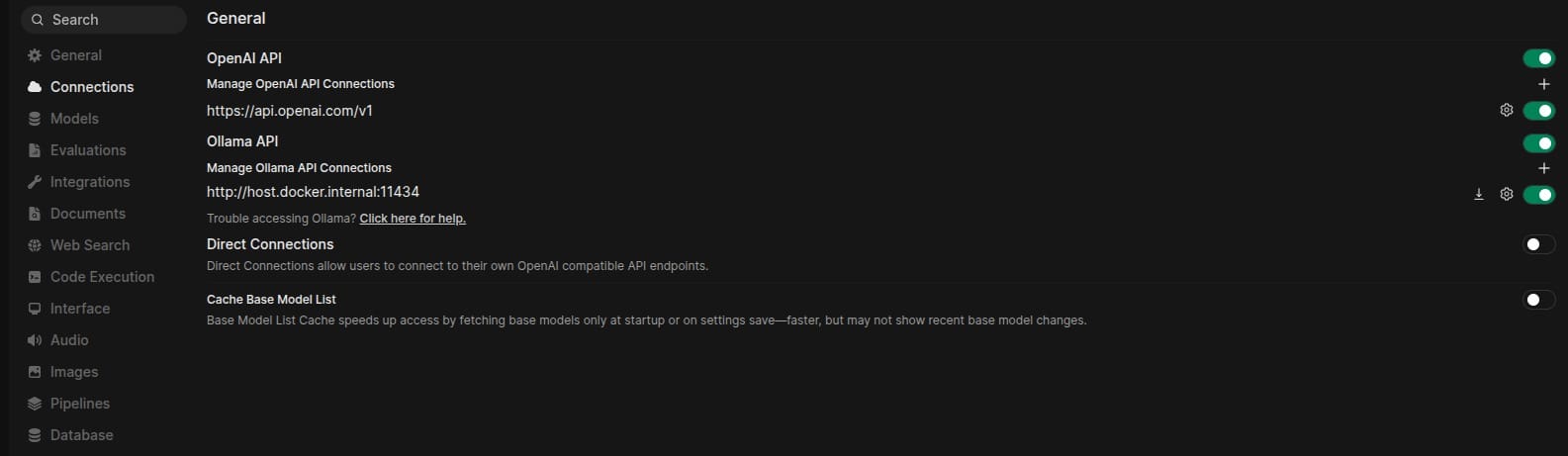 Open WebUI connection settings