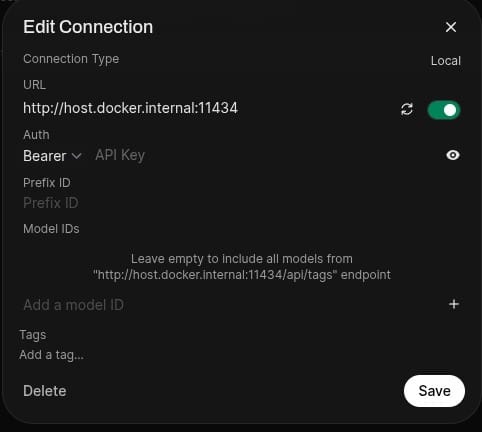 Expected ollama connection settings