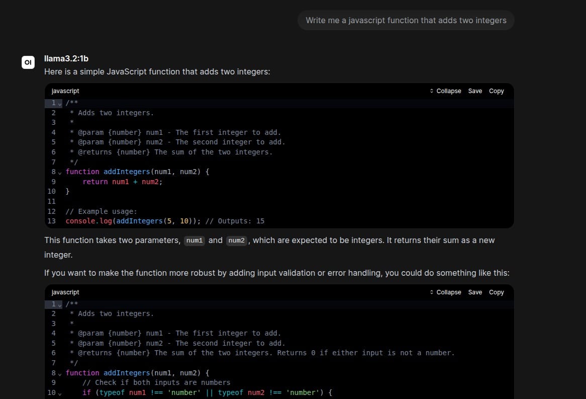 Open WebUI rendering a javascript function on a markdown block that can be easily copied