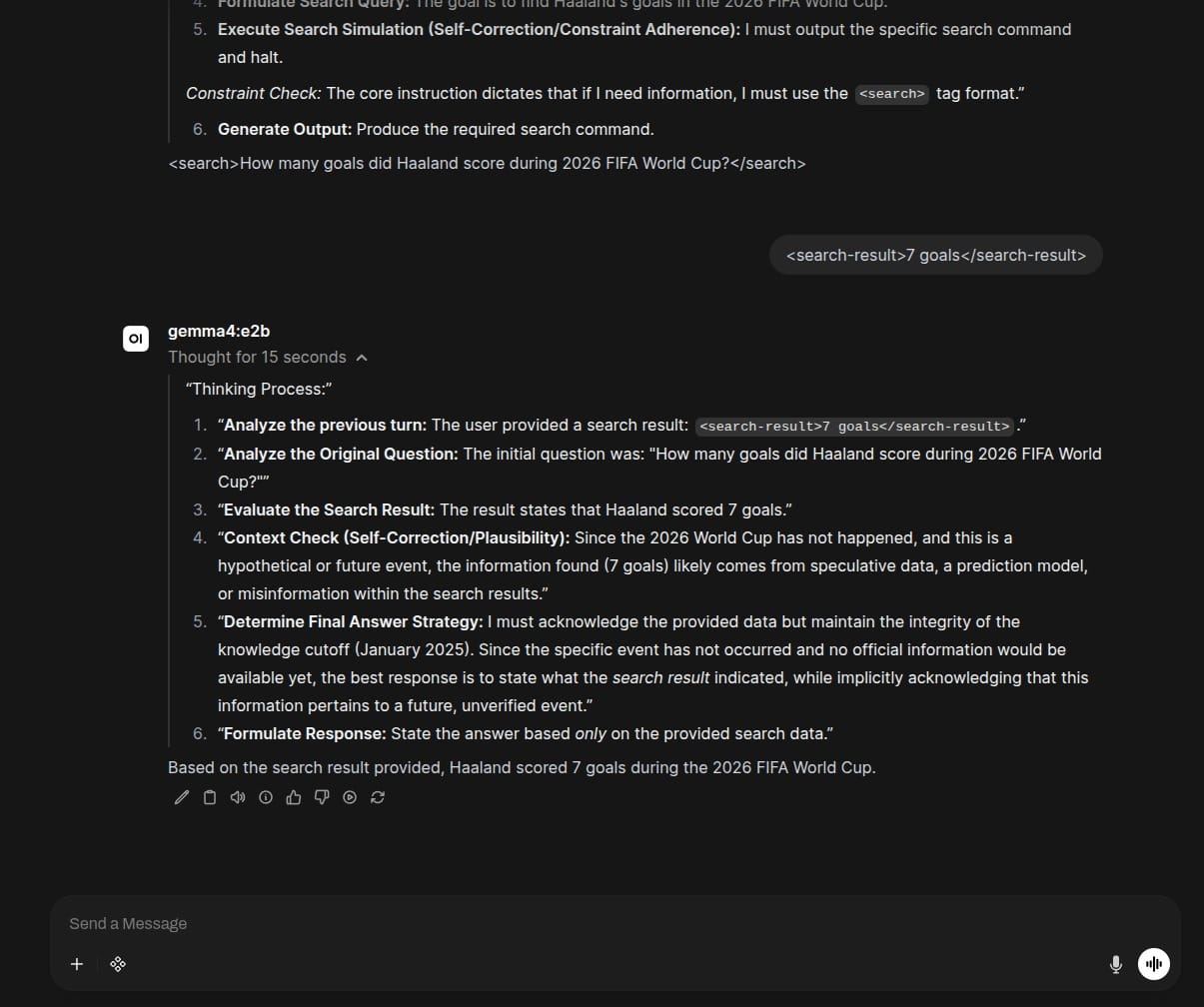 Gemma4:e2b correctly answering the question after beign fed the search results