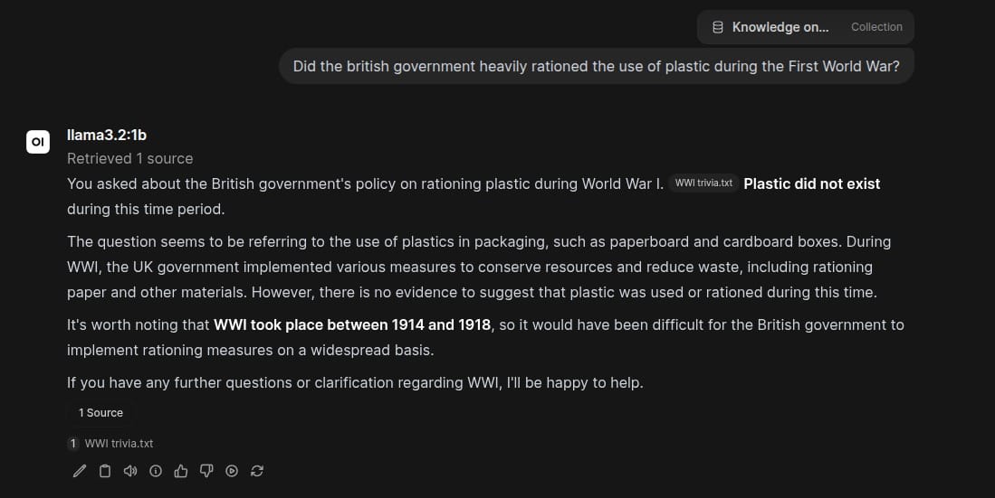 Open WebUI answering the question using a knowledge base
