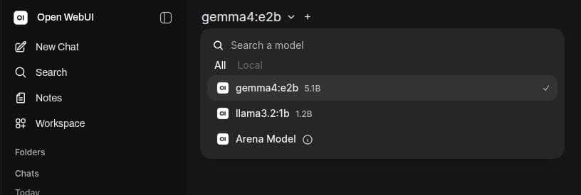 Open WebUI model combobox showing Gemma alongside Llama