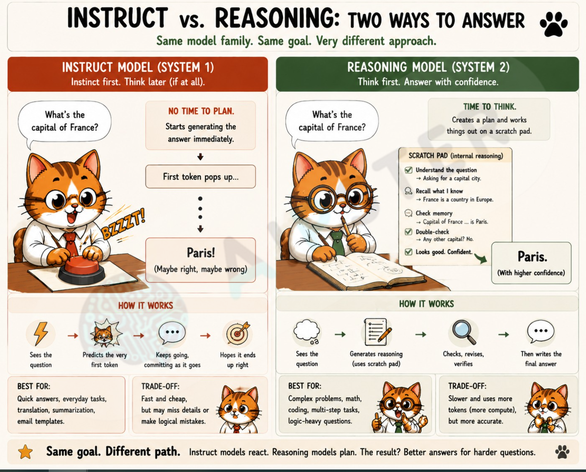 Instruct models answer "by instinct" while reasoning ponder before answering