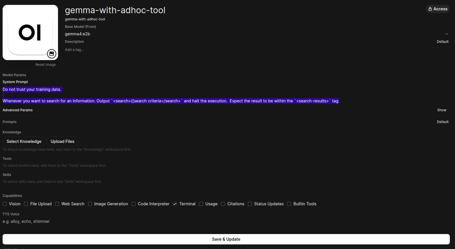 A model entry with a custom system prompt describing the adhoc search protocol