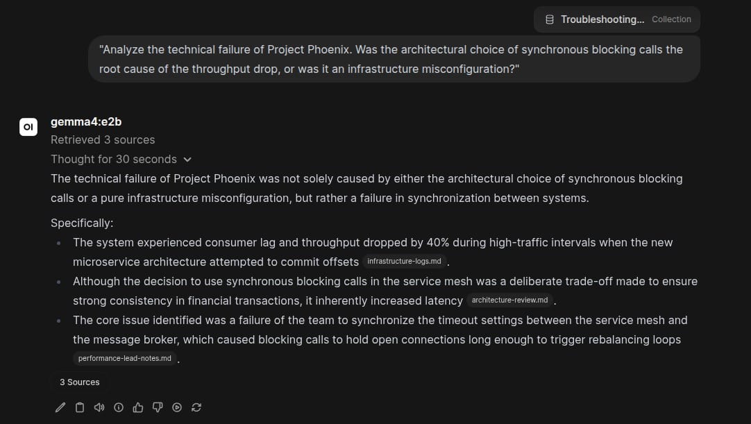 Screenshot showing the Gemma4:e2b reasoning before answering