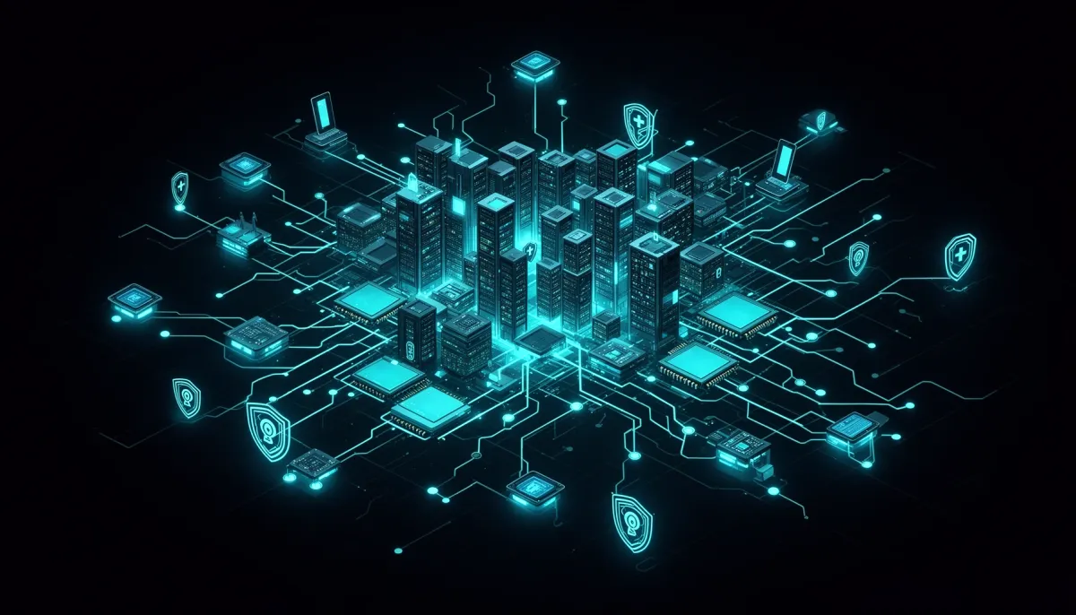 Abstract dark illustration of glowing cyan memory chips and data-center nodes branching into a network, symbolizing AI infras
