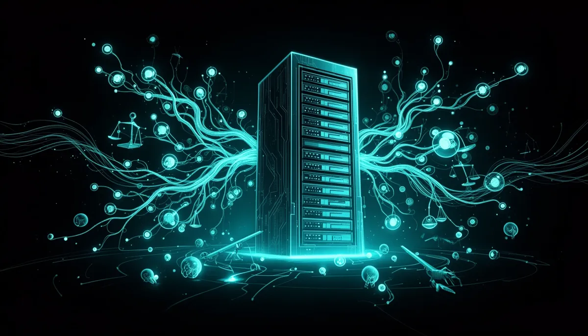 Abstract dark illustration with cyan accents showing interconnected memory nodes, data streams, and a central server monolith