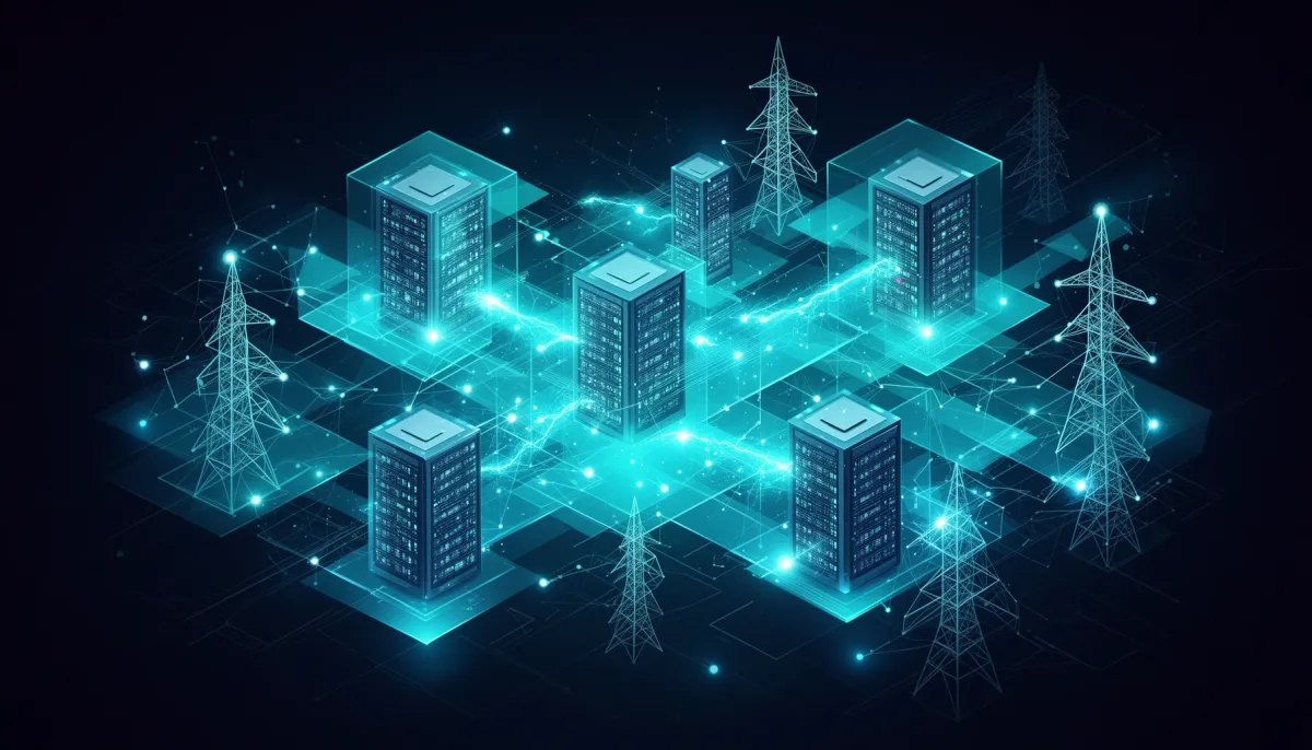 Abstract network of glowing cyan nodes connecting data centers and power infrastructure on a dark background