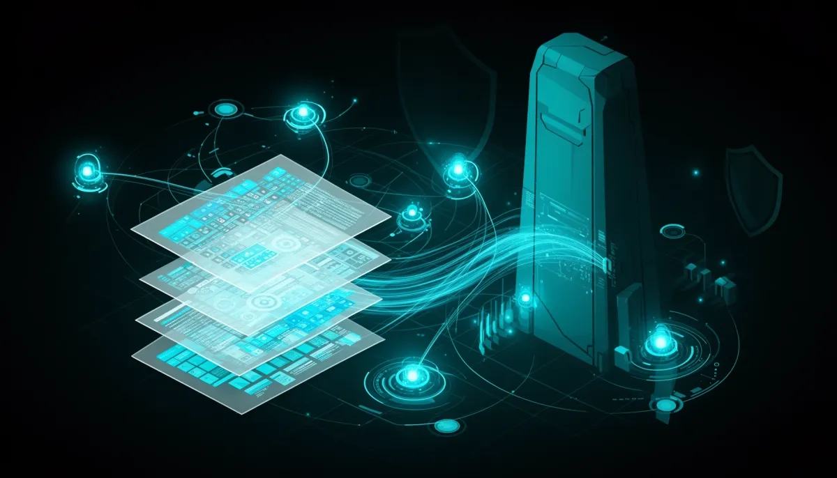 Abstract dark illustration with cyan accents showing AI infrastructure nodes, document data grids, a large machine silhouette