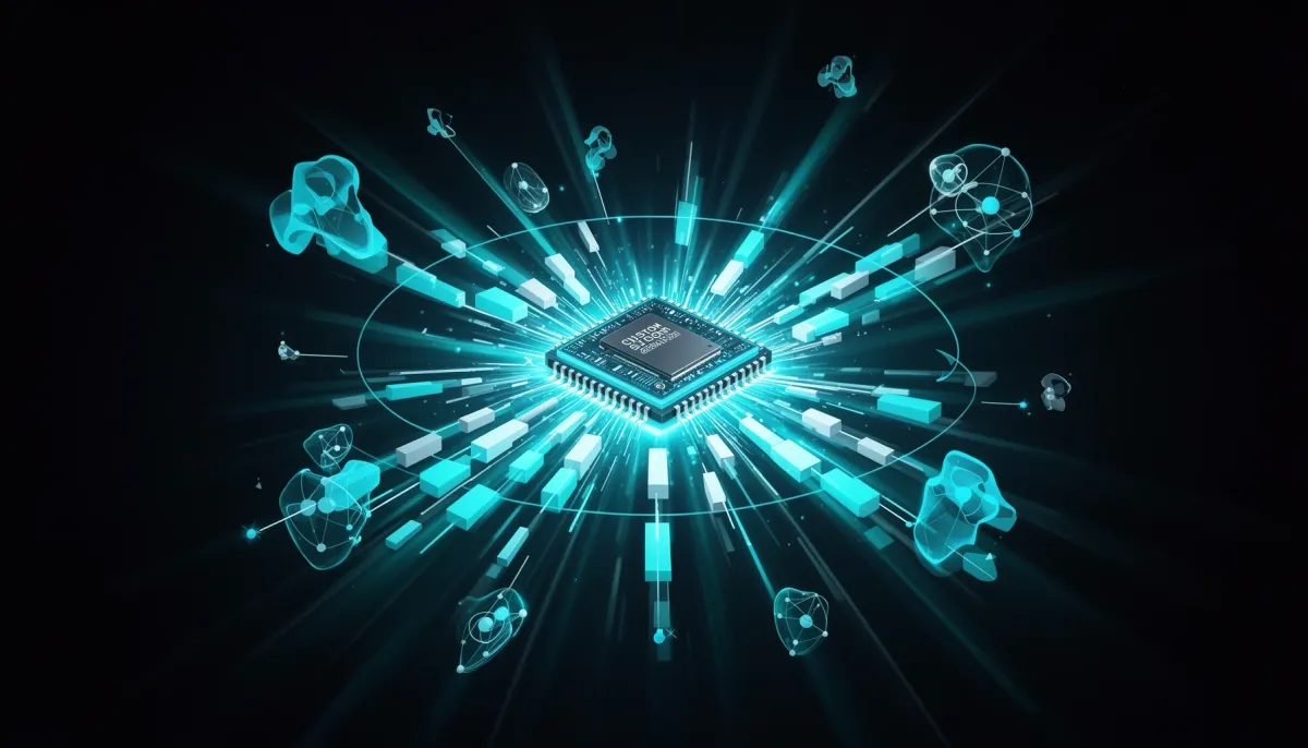 Abstract illustration of a glowing custom AI chip radiating parallel data streams surrounded by network nodes on a dark cyan-