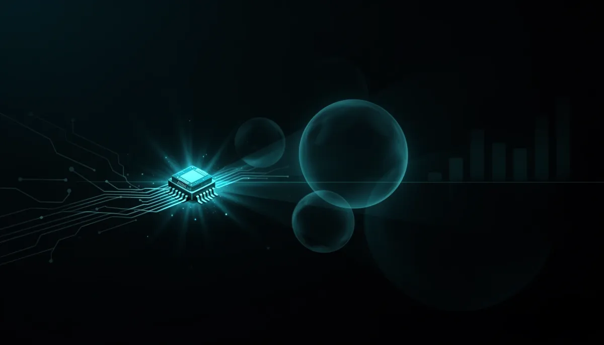 Abstract illustration of a small glowing chip outshining larger faded spheres against a dark background with cyan network lin