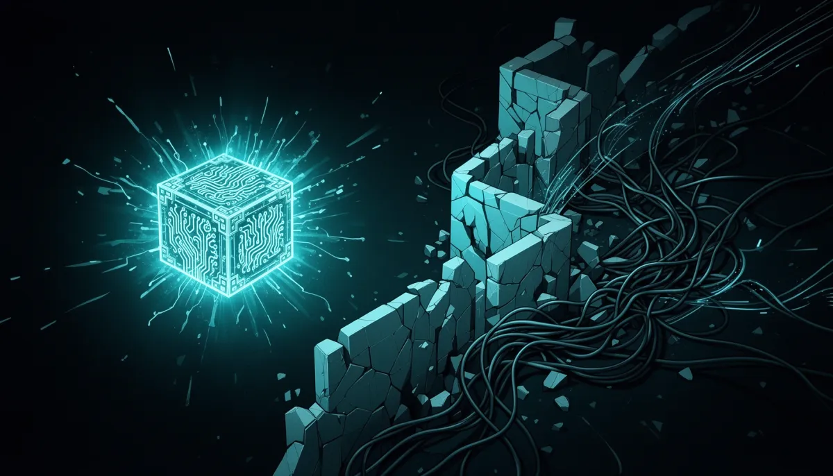 Abstract illustration contrasting a glowing compact AI core with fractured border walls on a dark cyan-accented background