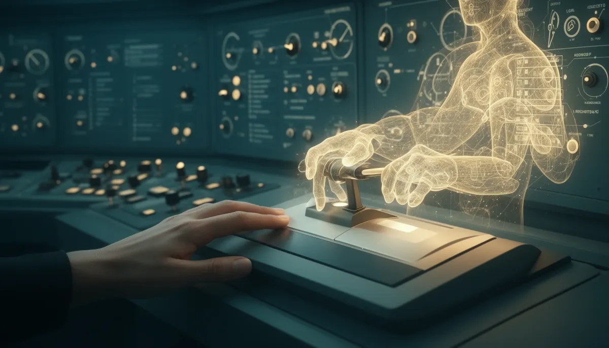 Human hand on a glowing control lever while an AI operates background switches in a command center.