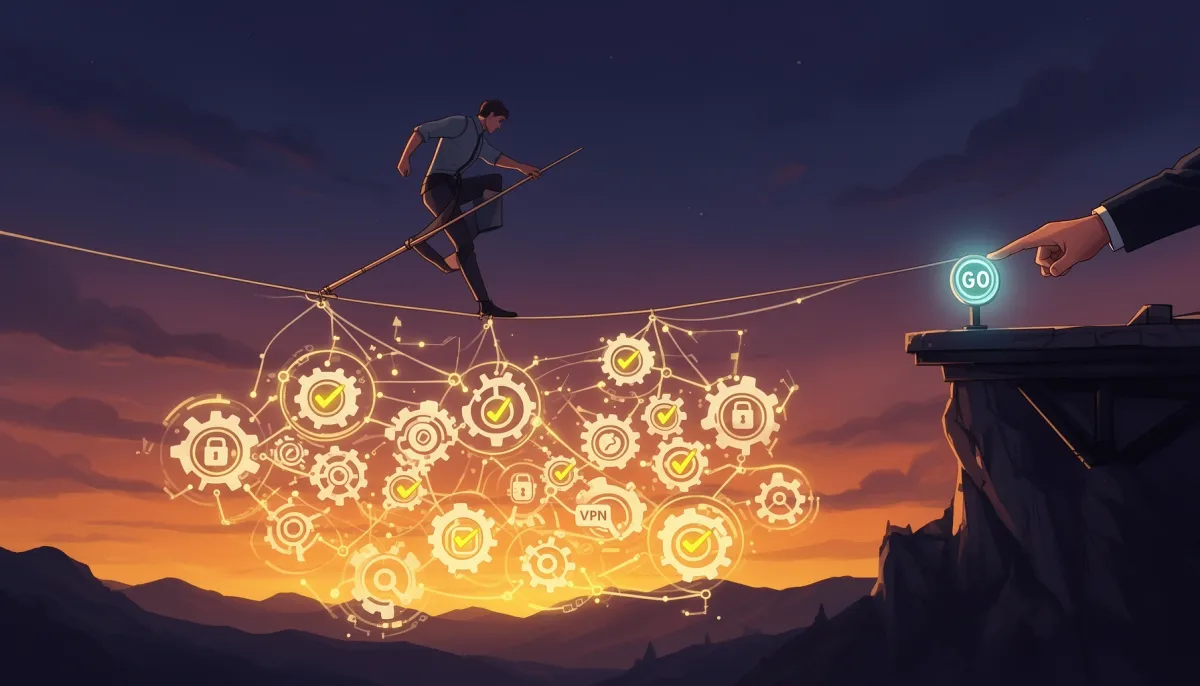 Tightrope walker moving fast above a glowing mechanical safety net of gears, a metaphor for careful fast operations