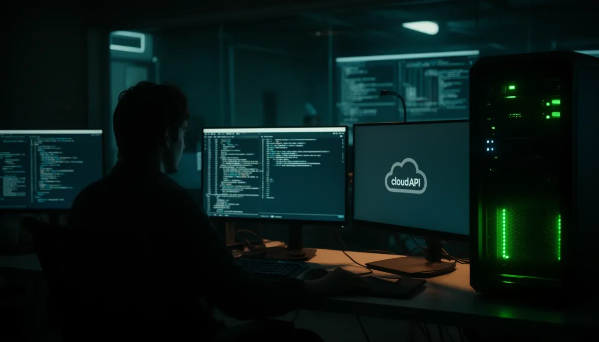Security analyst running a local server as a cloud API goes dark, showing offline AI security infrastructure