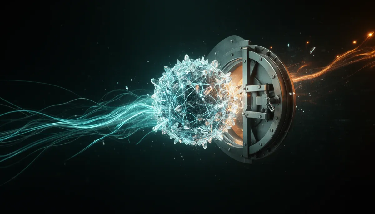 Glowing neural-network sphere escaping an open vault, symbolizing GLM 5.2 as an open weight AI model.
