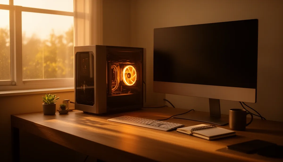 Sunlit home office with a glowing GPU workstation running local AI on a wooden desk.