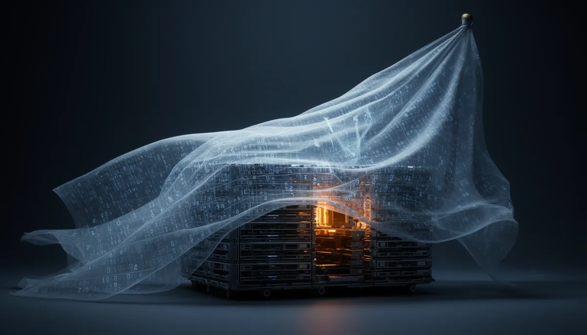 Magnifying lens inspecting a glowing AI model, peeling its costume to reveal hidden generic machinery inside.