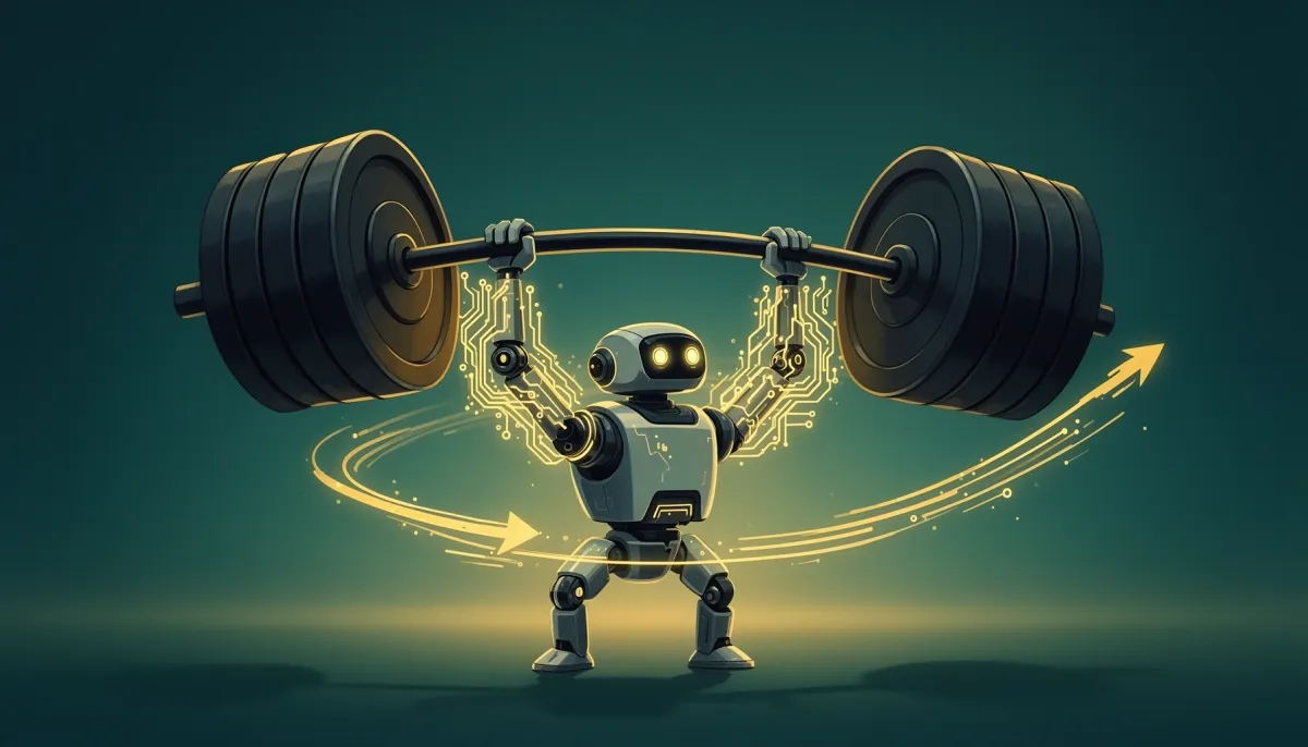 Small robot lifting a heavy barbell, a metaphor for a tiny-compute agent model punching above its weight.