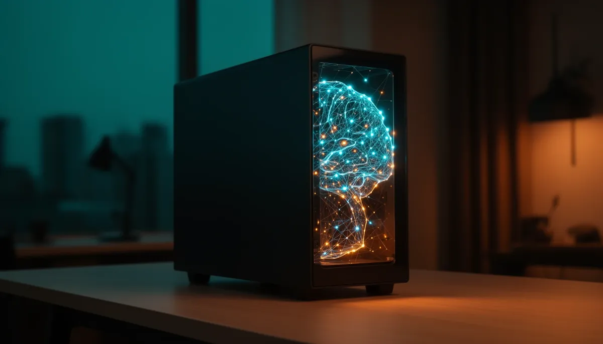 Home desktop computer glowing with an internal neural network, representing a local LLM running on personal hardware.