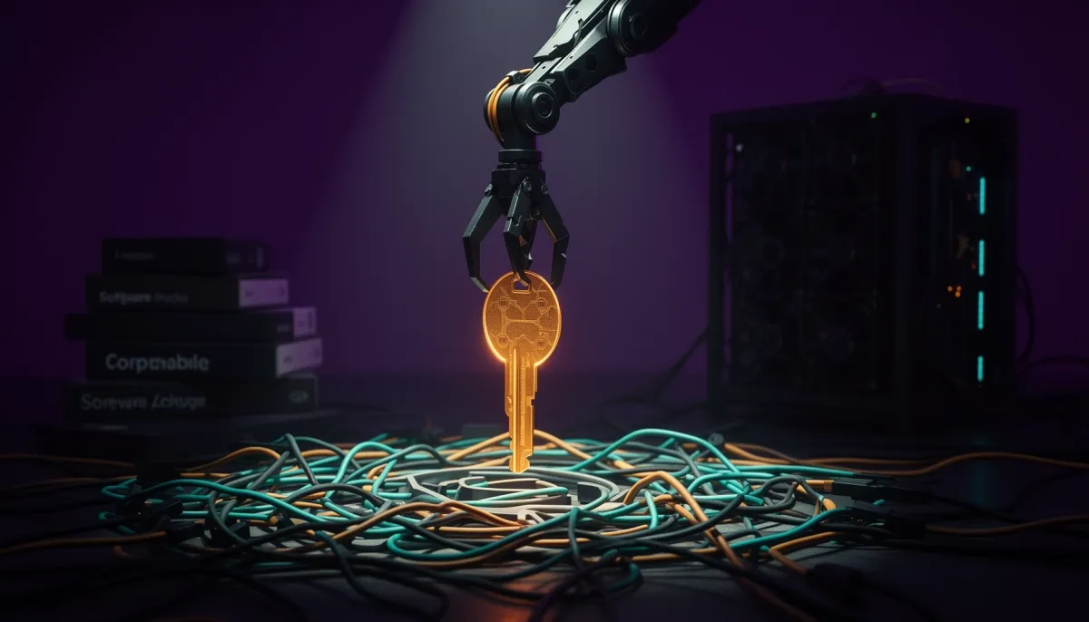 Robotic claw lifting a glowing API key from tangled cables and packages, with an abandoned crypto mining rig behind.