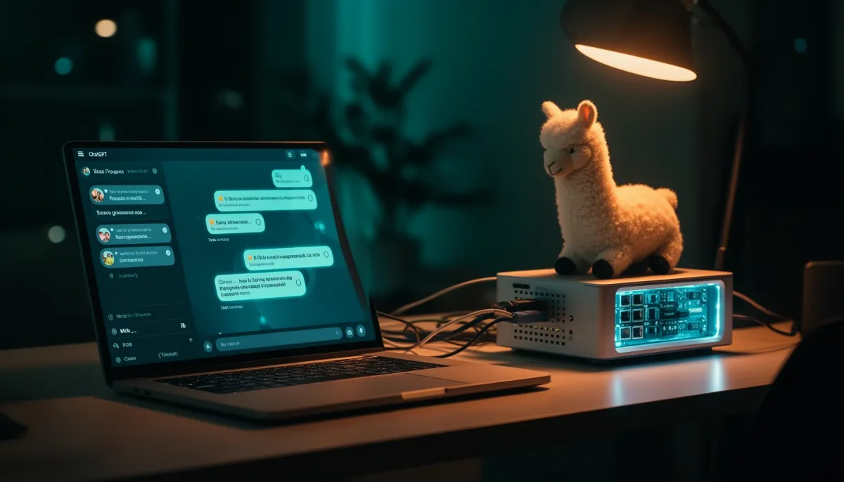Laptop on a desk showing a self-hosted local LLM web interface connected to a small home server.