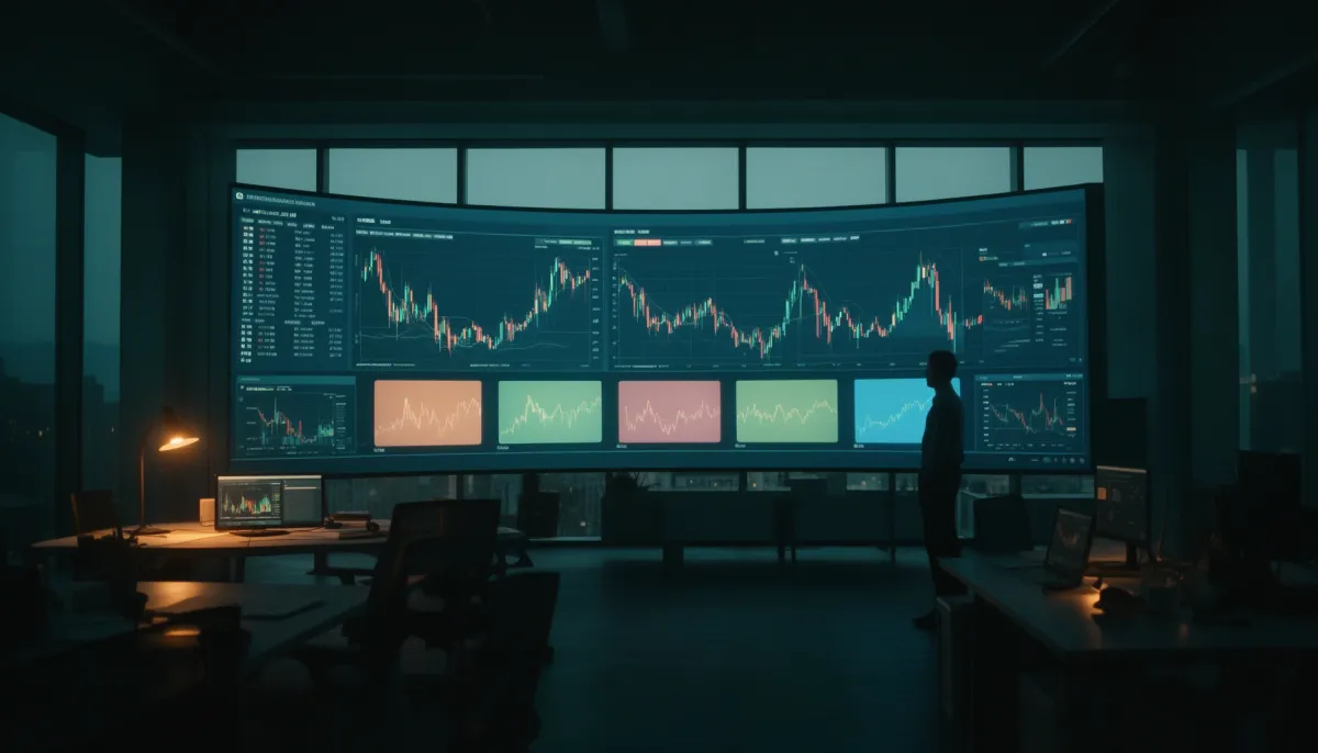Analyst viewing a dashboard of seven glowing cost panels, illustrating FinOps AI spend tracking.