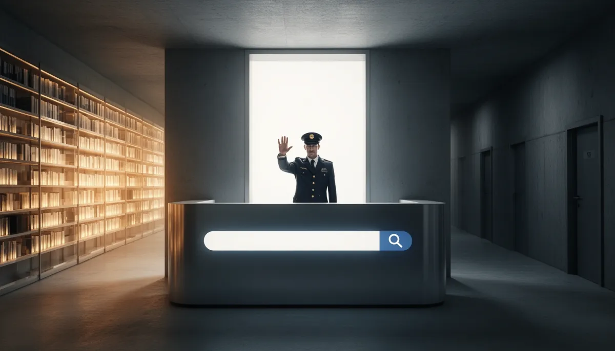 A gatekeeper behind a search-bar desk blocking access to a library, symbolizing controlled AI web search