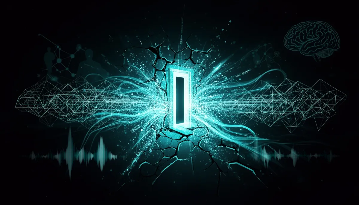Abstract cyan-on-dark illustration of a fractured gateway releasing data streams into distributed compute lattices, evoking o