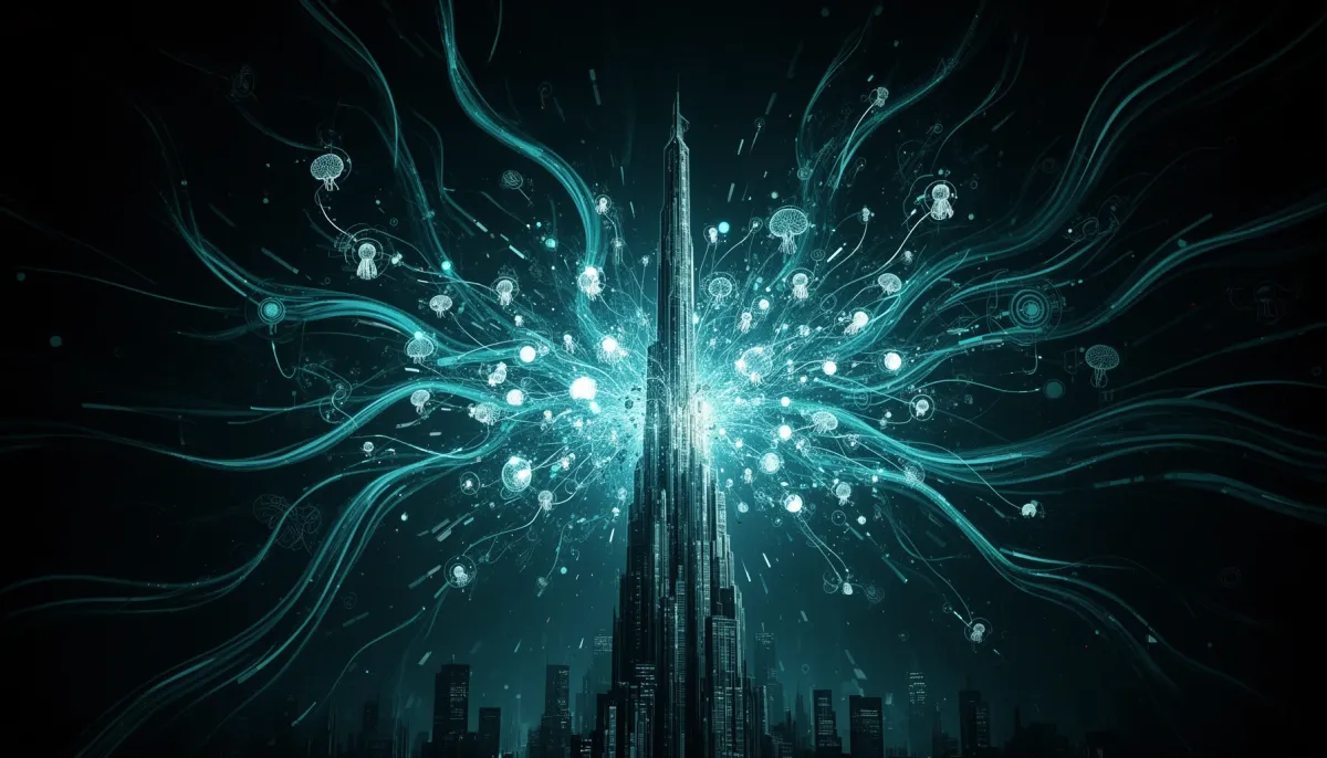 Abstract illustration of glowing cyan nodes breaking away from a central dark tower on a dark background, representing decent