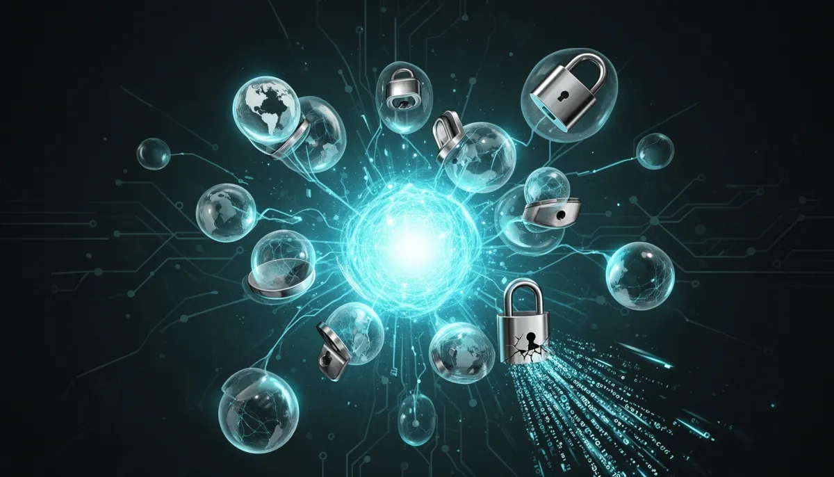 Abstract illustration of open and closed AI model nodes orchestrated around a central core against a dark background with cya