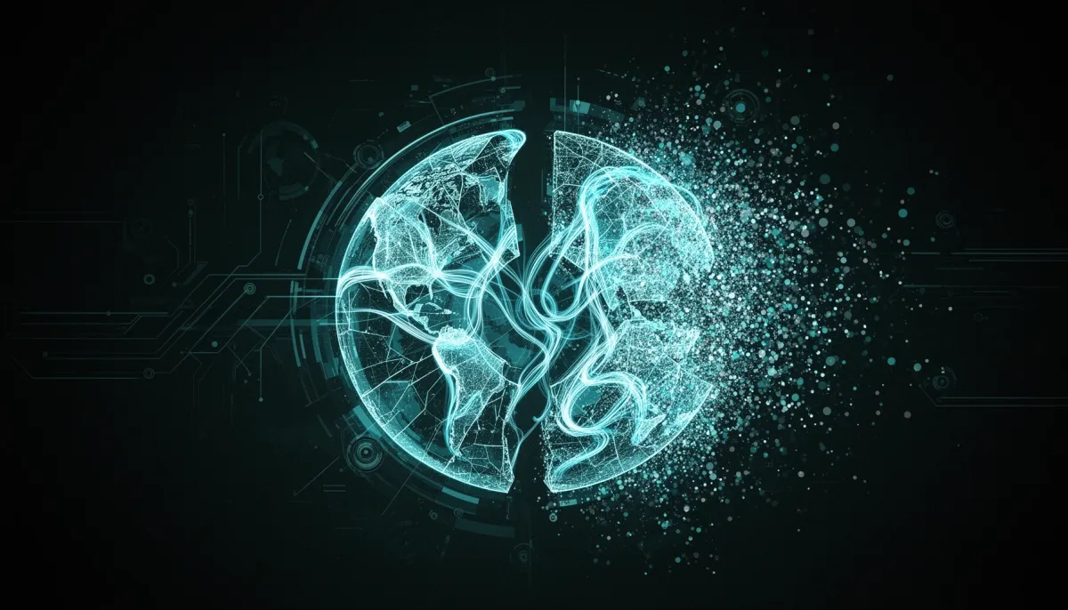 Abstract illustration of a fractured global neural network splitting into two glowing hemispheres on a dark background with c