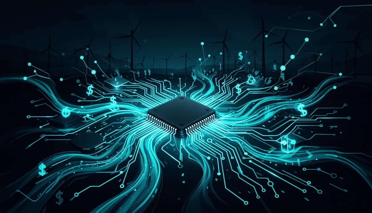 Abstract illustration of glowing silicon chips and circuit pathways merging with data streams and distant wind turbines in cy
