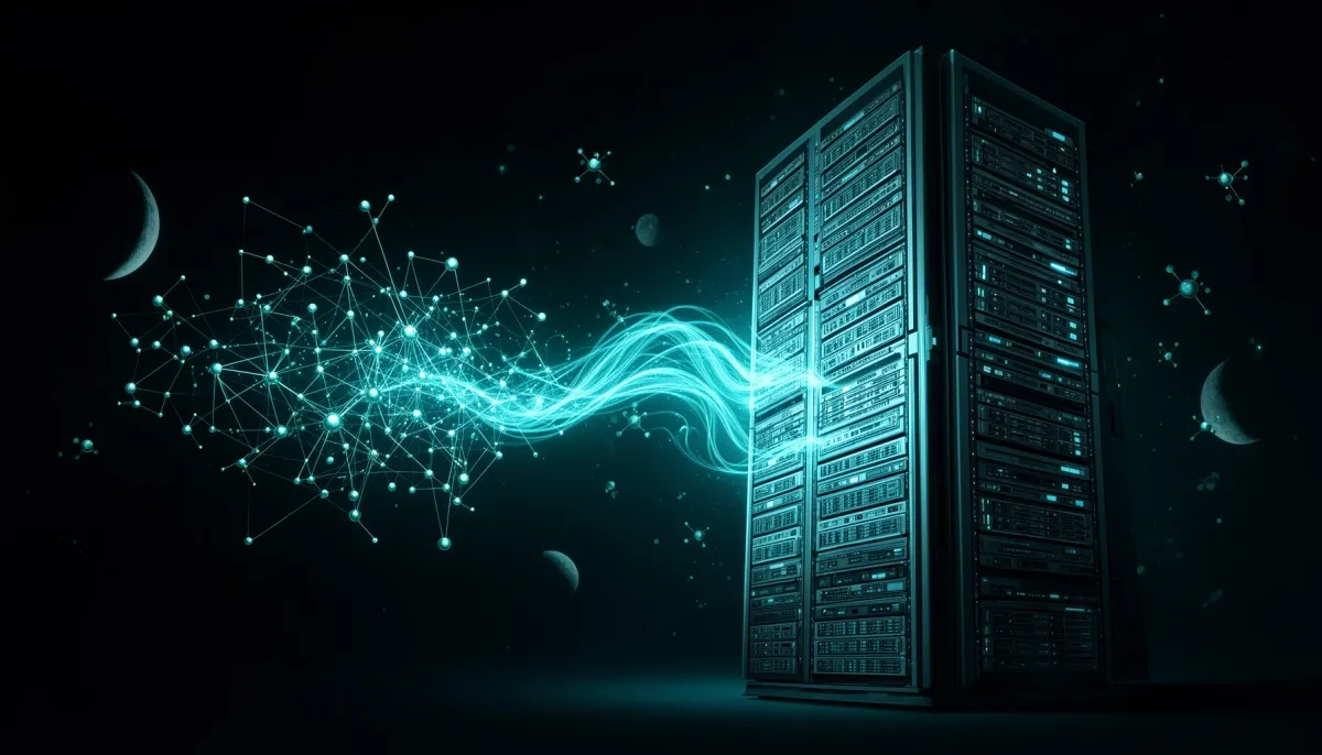 Abstract illustration contrasting a web of small glowing nodes with a towering server structure on a dark cyan-accented backg