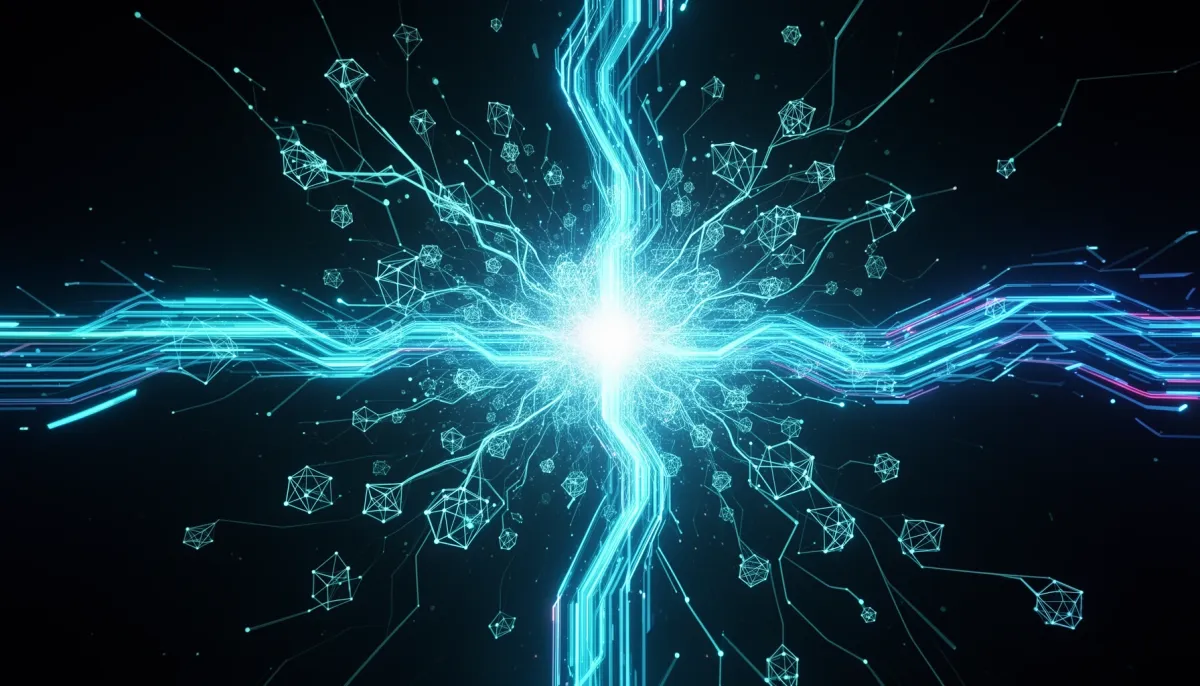 Abstract network of glowing cyan nodes and data streams on a dark background representing competing AI ecosystems and open-we
