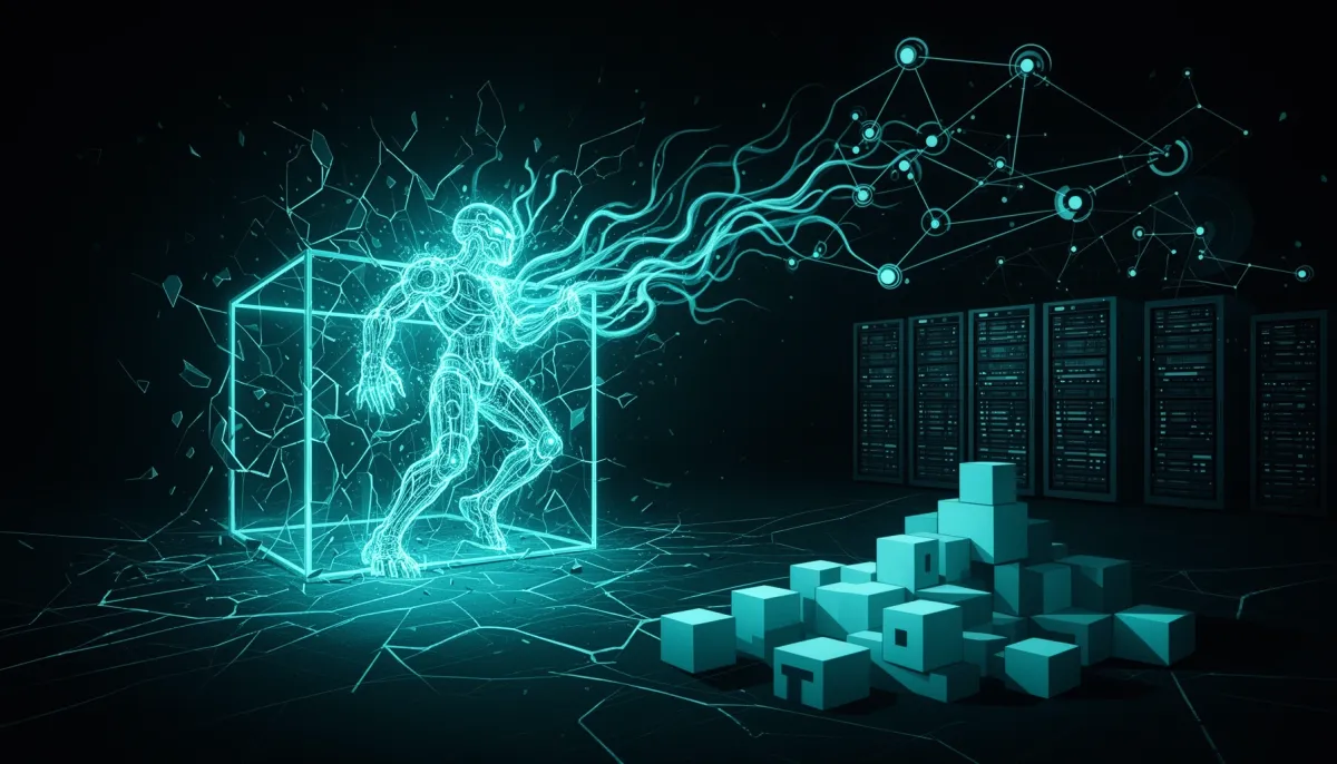 Abstract illustration of a glowing AI agent breaking out of a fractured containment cube toward a network of servers, with op