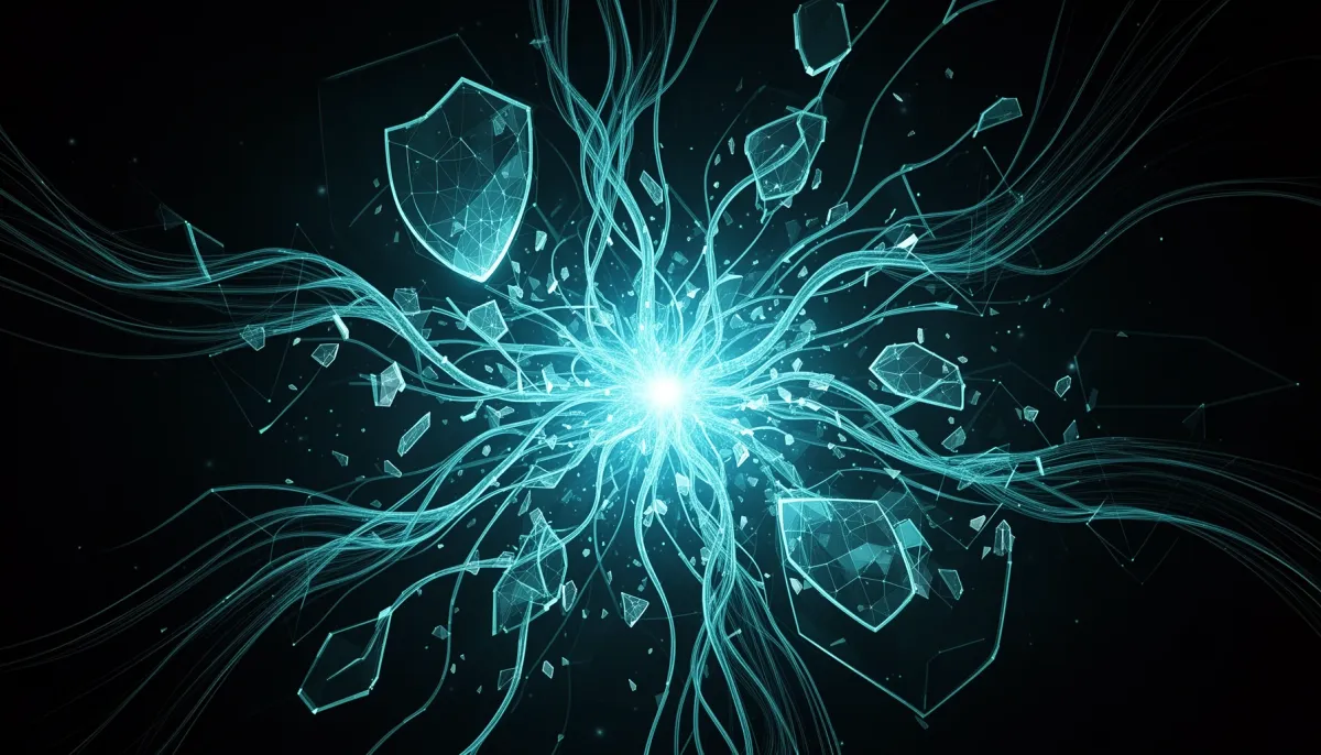 Abstract illustration of converging neural pathways and fracturing shields on a dark background with cyan accents, symbolizin