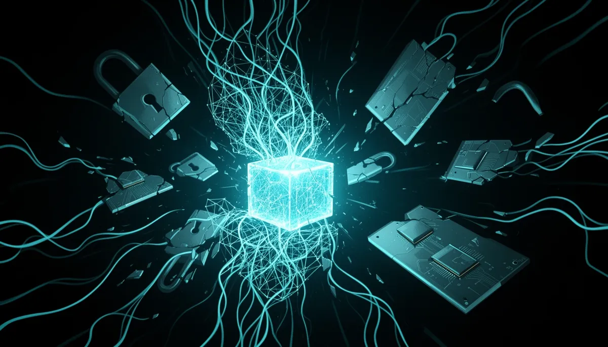 Abstract illustration of a compressed glowing AI network amid cracked padlocks, power-grid lines and drifting chip fragments 