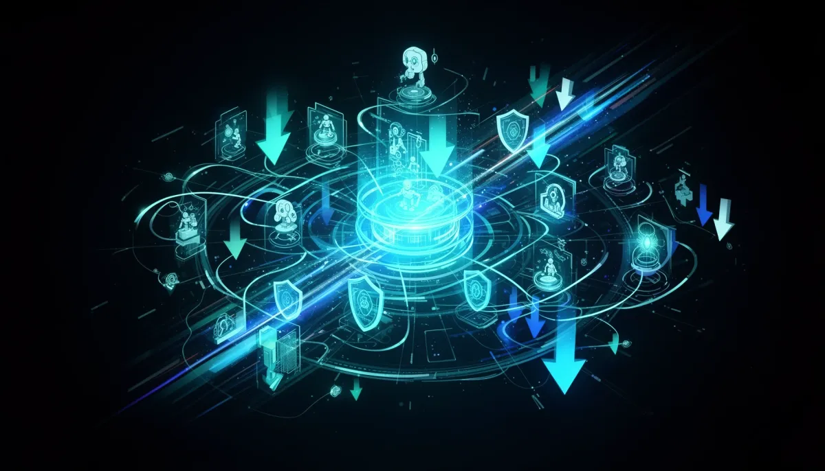 Abstract network of glowing AI model nodes orbiting an orchestration hub with robotic and shield motifs on a dark cyan-accent