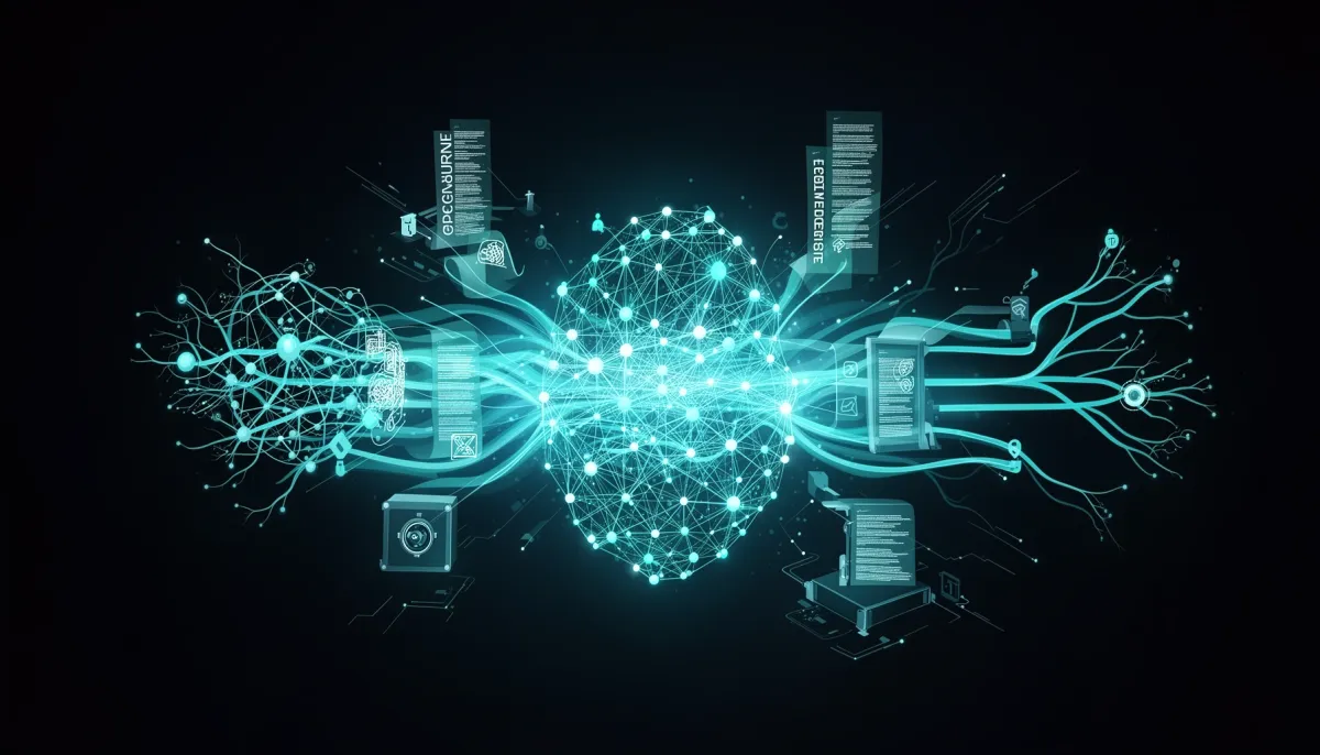 Abstract dark illustration with cyan neural nodes, flowing document streams, and branching agent pathways representing open m