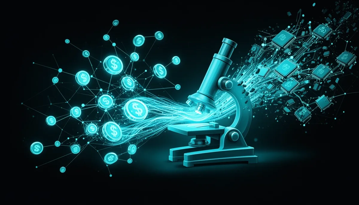Abstract dark illustration with cyan accents showing connected AI agent nodes, a microscope of data streams, and chip motifs 