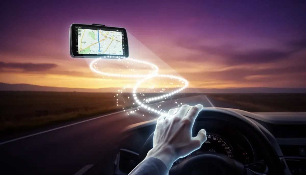 GPS device projecting a glowing route while a hand steers, a metaphor for an AI agent proposing actions.