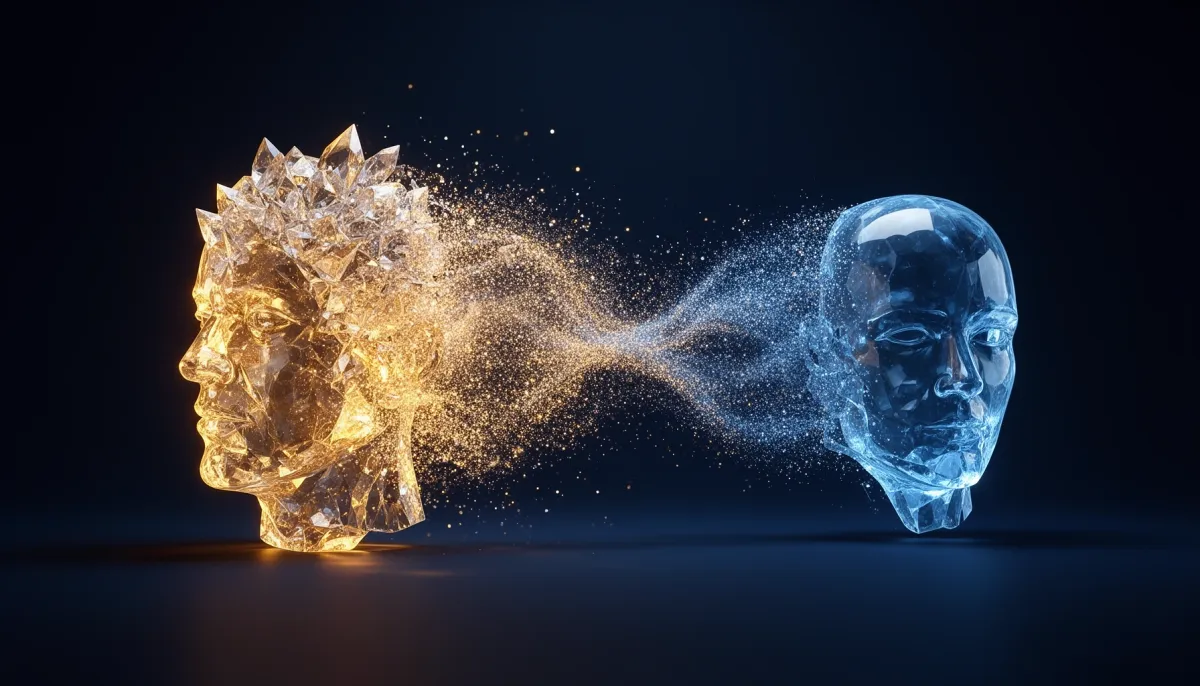 Glowing head dissolving into particles that rebuild a hollow empty copy, showing what knowledge distillation loses.