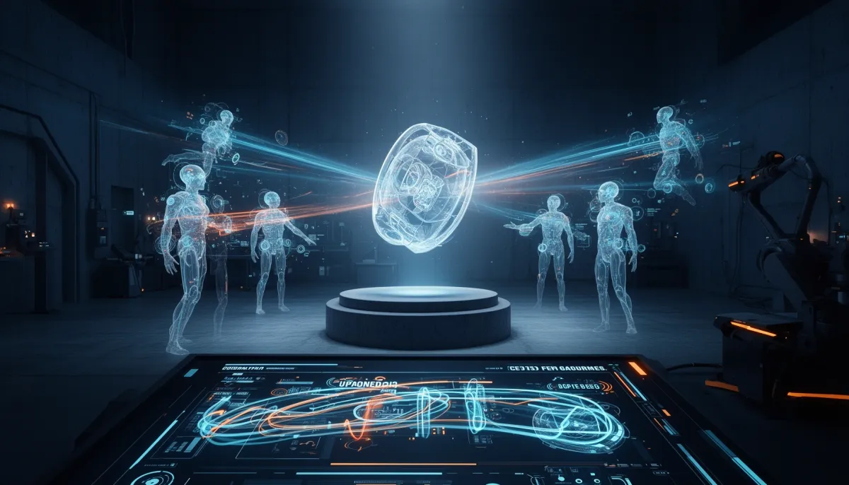Holographic AI agents scanning a glowing product while a defender's update pipeline cycles rapidly nearby.