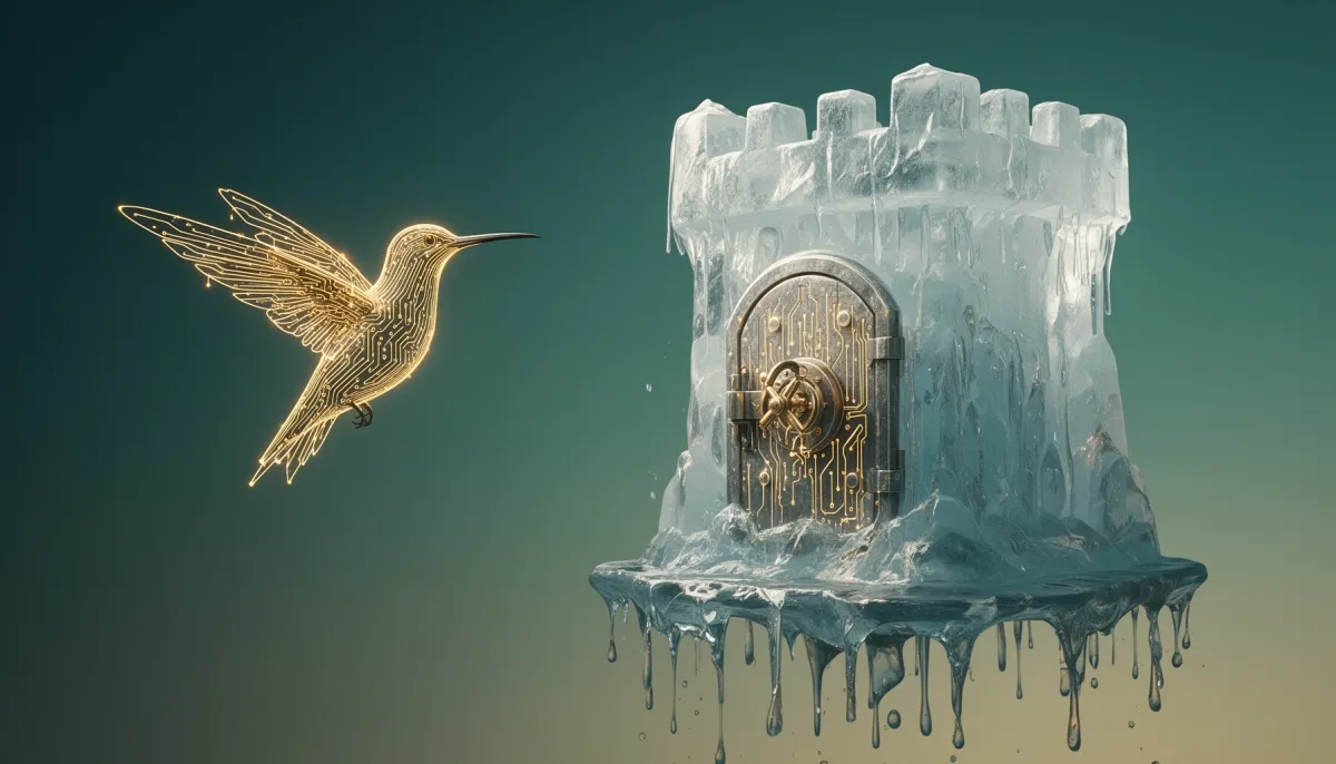 Glowing circuit hummingbird beside a melting ice fortress, metaphor for open-weight AI models.