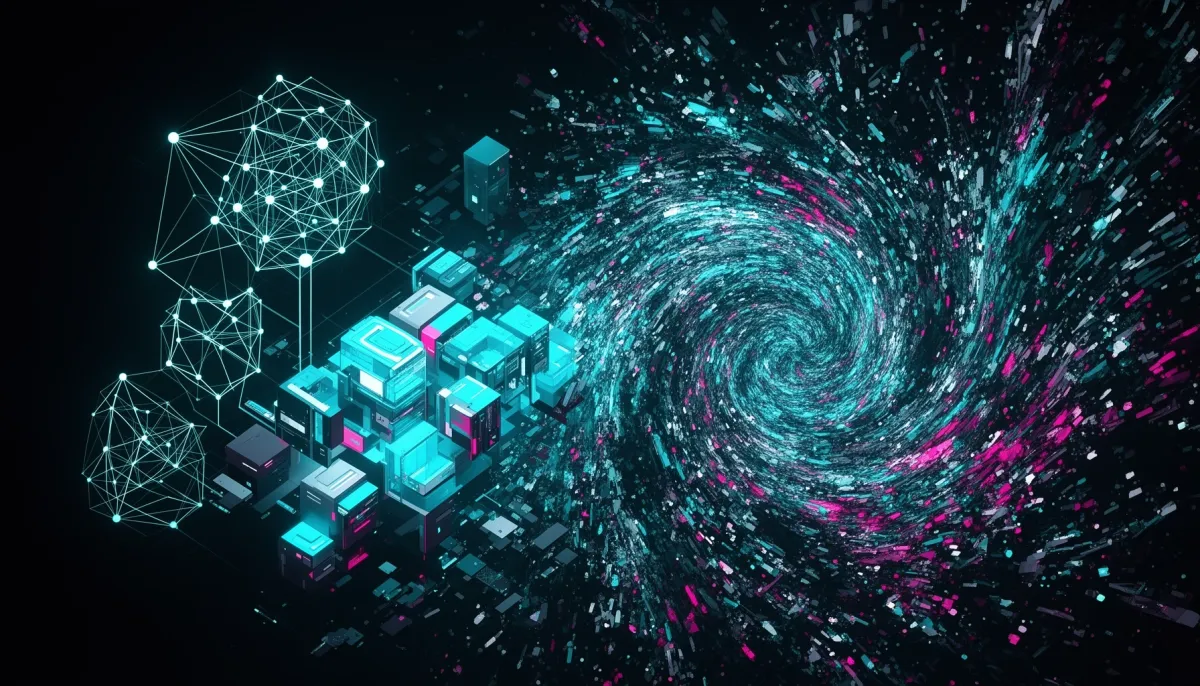 Abstract split illustration of orderly glowing neural structures on one side and a chaotic flood of digital noise on the othe
