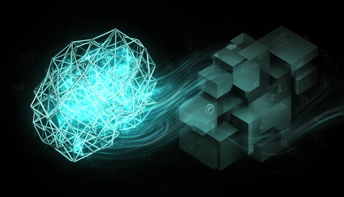 Abstract illustration of open lattice structures glowing cyan against sealed dark blocks, with flowing data streams represent