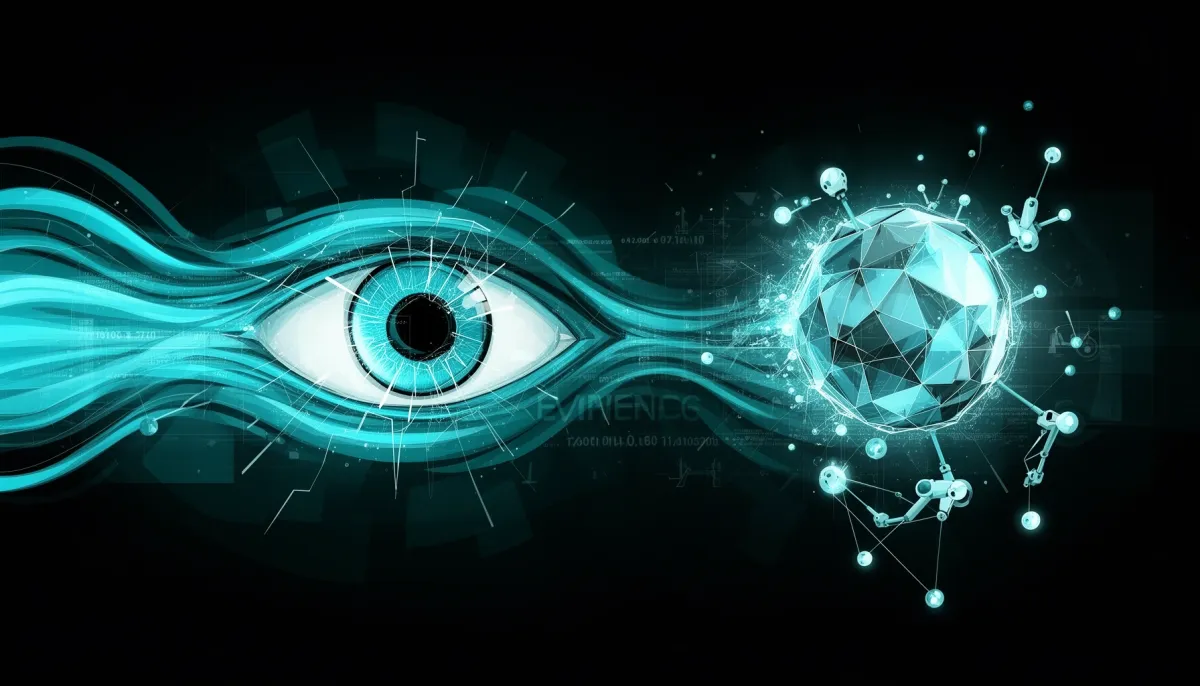 Abstract dark illustration with cyan accents showing a fractured lens dissolving into data streams, a deflating sphere, and g