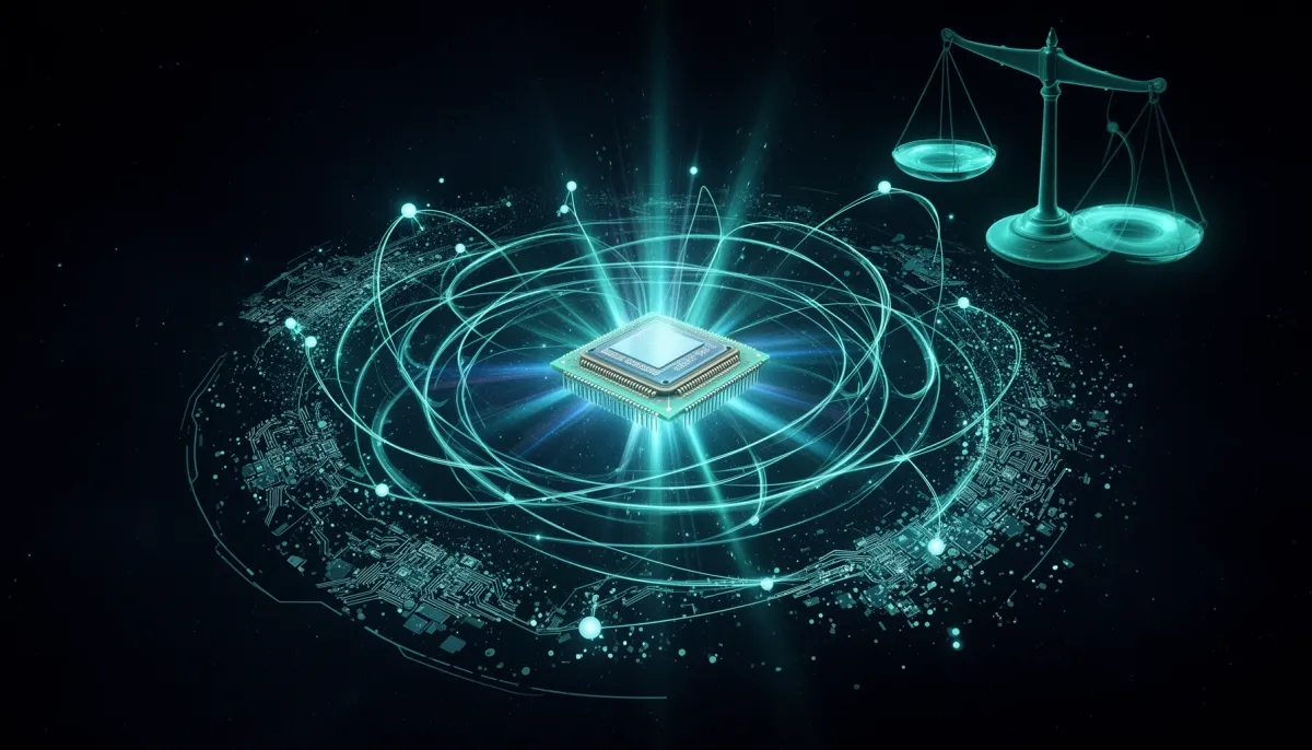 Abstract illustration of glowing AI agent networks orbiting a central GPU chip against a dark background, with circuit patter