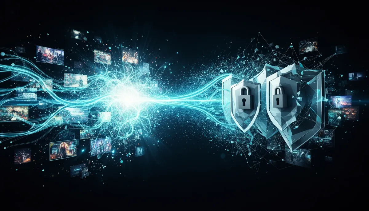 Abstract illustration of an open glowing neural network on one side and a shielded locked structure on the other, connected b